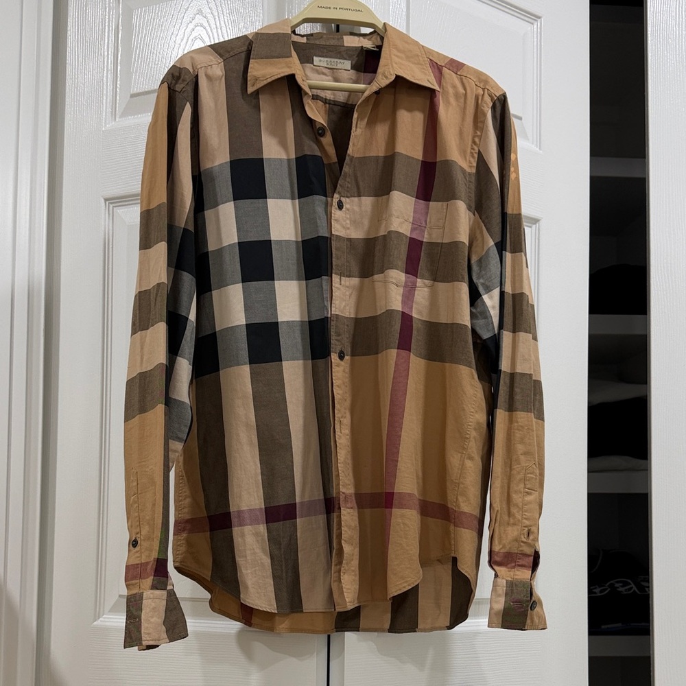 Burberry Tan and Black Checkered Men's Shirt with bleach stain